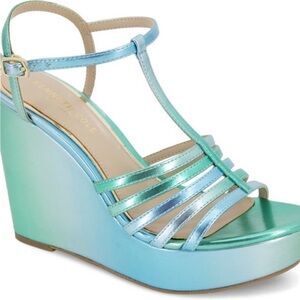 Kenneth Cole Celia Blue Green Wedge Heel Metallic Turquoise Size9M Luminescent